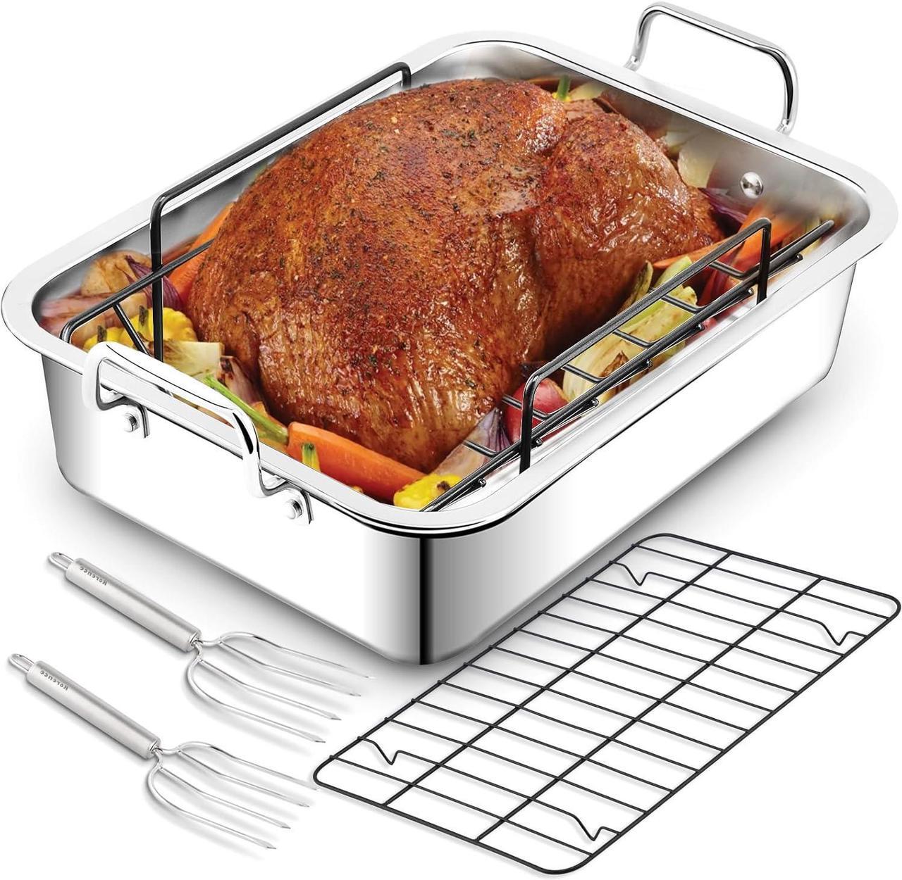 Main image of Turkey Roasting Pan with Nonstick Rack: Large 16 x 12 Inch Stainless Steel Turkey Roast Pan Set Rectangular Roaster  Perfect for Thanksgiving