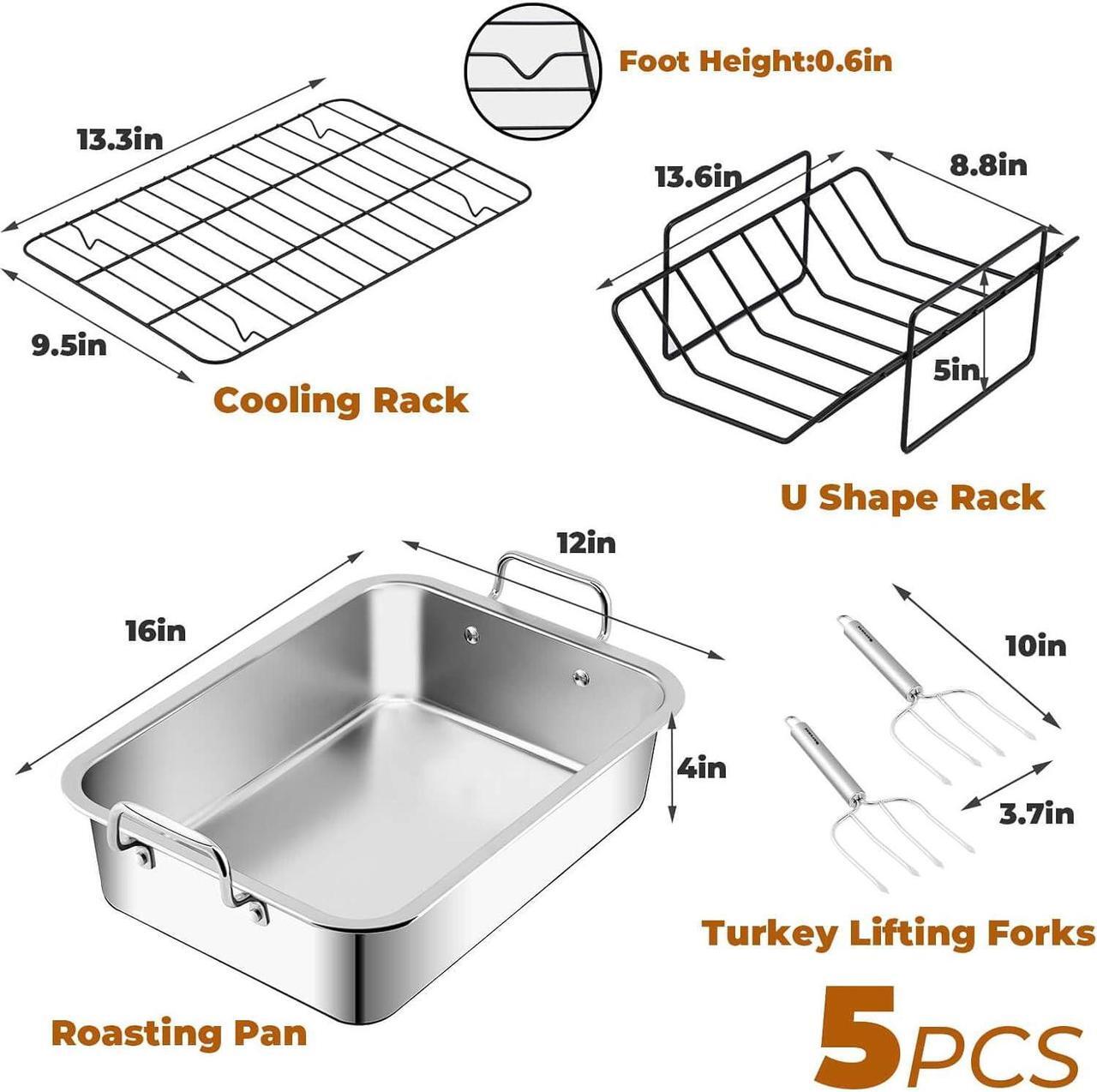Alt view image 3 of 6 - Turkey Roasting Pan with Nonstick Rack: Large 16 x 12 Inch Stainless Steel Turkey Roast Pan Set Rectangular Roaster  Perfect for Thanksgiving