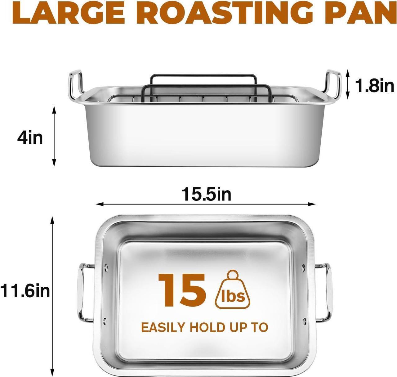 Alt view image 2 of 6 - Turkey Roasting Pan with Nonstick Rack: Large 16 x 12 Inch Stainless Steel Turkey Roast Pan Set Rectangular Roaster  Perfect for Thanksgiving