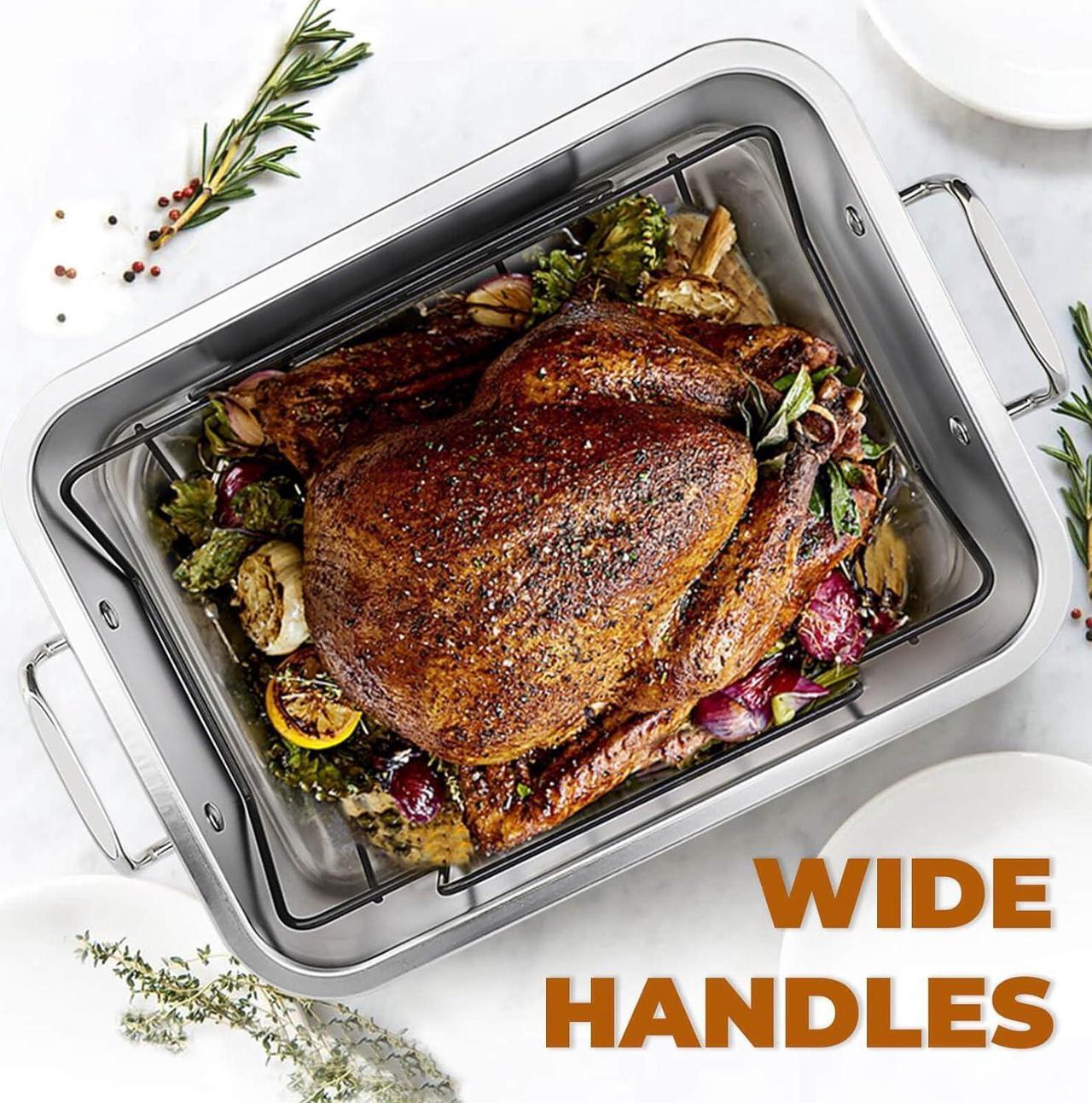 Alt view image 6 of 6 - Turkey Roasting Pan with Nonstick Rack: Large 16 x 12 Inch Stainless Steel Turkey Roast Pan Set Rectangular Roaster  Perfect for Thanksgiving