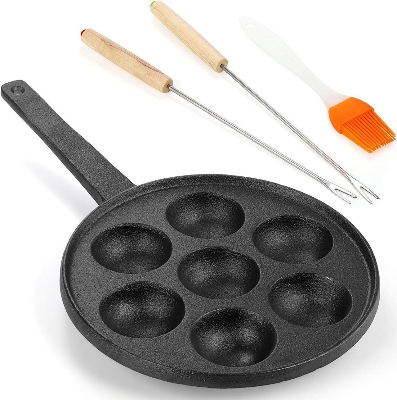 Main image of WUWEOT Cast Iron Aebleskiver Pan, 2" Poffertjes Danish Pancake Balls Griddle, 7 Hole NonStick Ebelskiver Pan, Half Sphere Takoyaki Maker with Turn Sticks and Brush for Baking Cooking