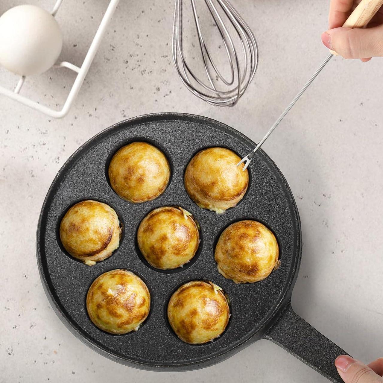 Alt view image 6 of 7 - WUWEOT Cast Iron Aebleskiver Pan, 2" Poffertjes Danish Pancake Balls Griddle, 7 Hole NonStick Ebelskiver Pan, Half Sphere Takoyaki Maker with Turn Sticks and Brush for Baking Cooking
