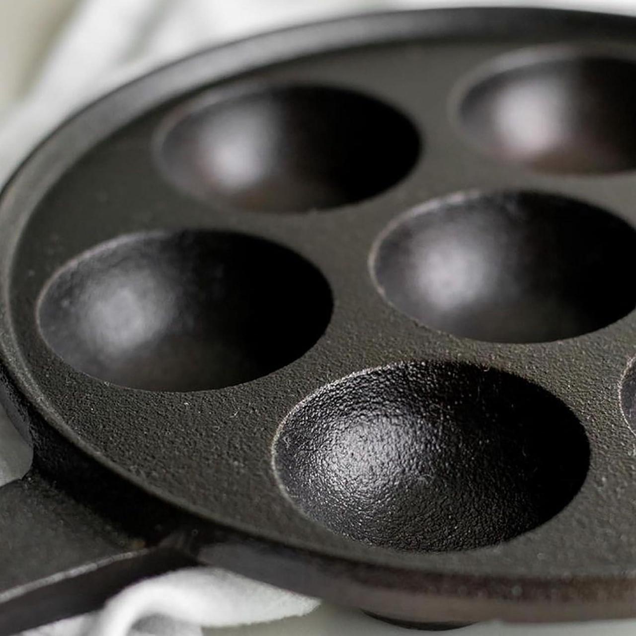Alt view image 7 of 7 - WUWEOT Cast Iron Aebleskiver Pan, 2" Poffertjes Danish Pancake Balls Griddle, 7 Hole NonStick Ebelskiver Pan, Half Sphere Takoyaki Maker with Turn Sticks and Brush for Baking Cooking