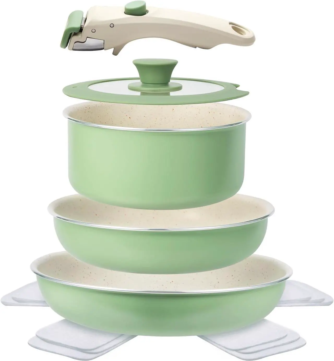 Main image of Pots and Pans Set Non Stick, 8pcs Granite Cookware Set, Detachable Handle Pots and Pans, Nonstick Induction Cookware with Removable Handle, Oven Safe RV Cooking Set, Green
