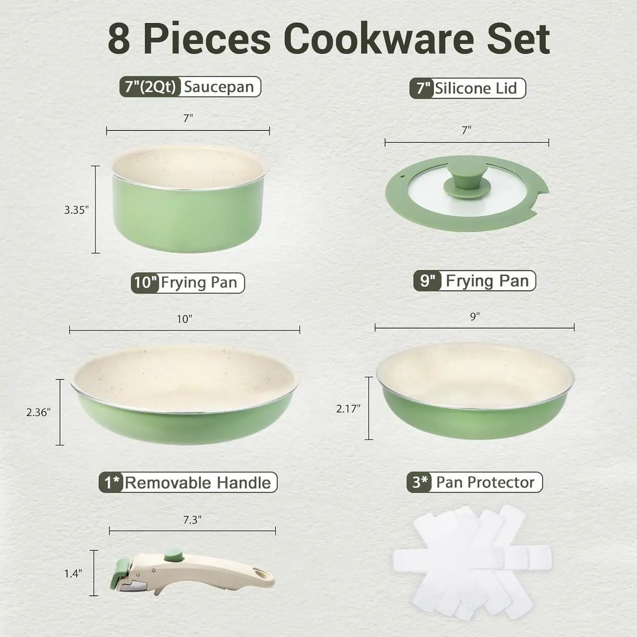 Alt view image 2 of 7 - Pots and Pans Set Non Stick, 8pcs Granite Cookware Set, Detachable Handle Pots and Pans, Nonstick Induction Cookware with Removable Handle, Oven Safe RV Cooking Set, Green
