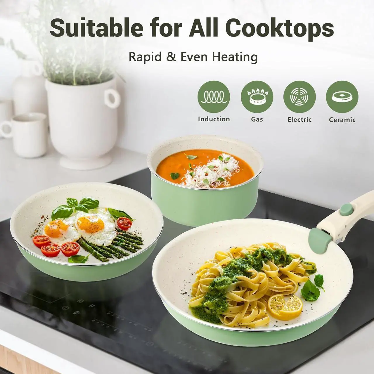 Alt view image 5 of 7 - Pots and Pans Set Non Stick, 8pcs Granite Cookware Set, Detachable Handle Pots and Pans, Nonstick Induction Cookware with Removable Handle, Oven Safe RV Cooking Set, Green