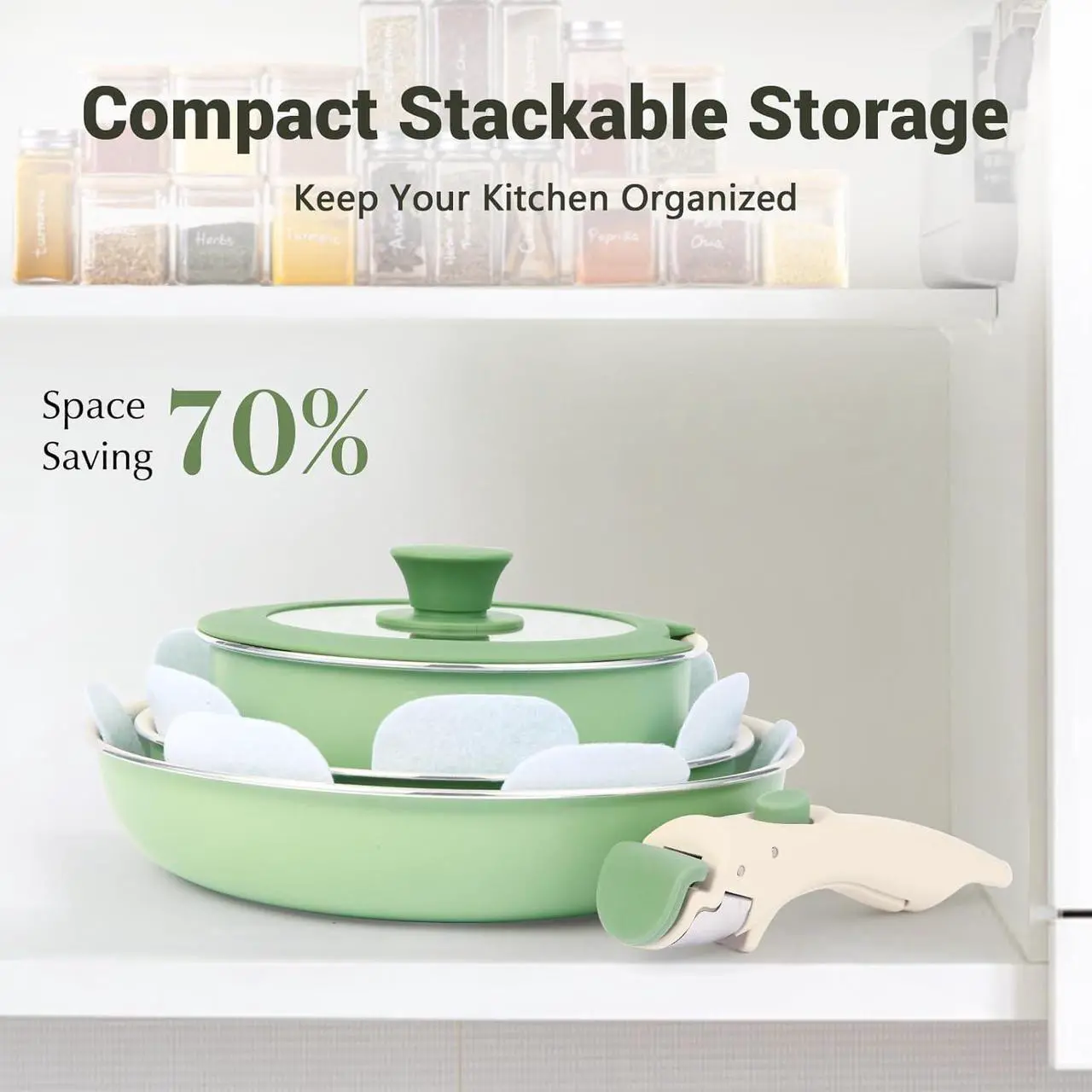 Alt view image 3 of 7 - Pots and Pans Set Non Stick, 8pcs Granite Cookware Set, Detachable Handle Pots and Pans, Nonstick Induction Cookware with Removable Handle, Oven Safe RV Cooking Set, Green