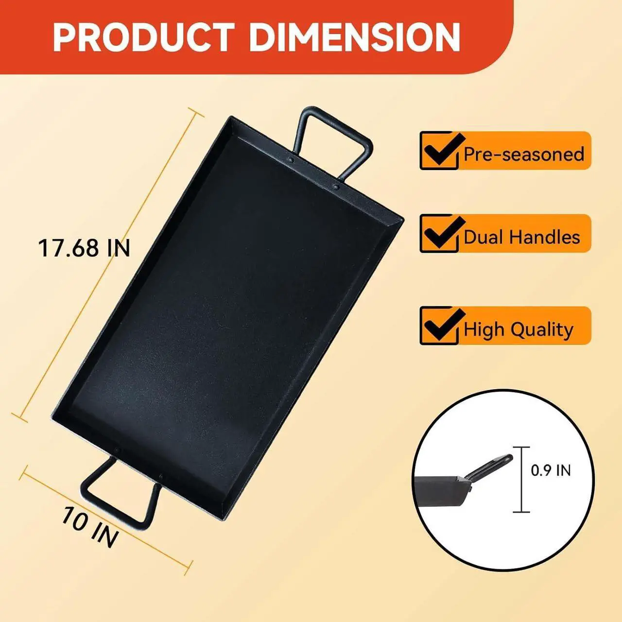 Alt view image 2 of 7 - Cast Iron Griddle Pan Grill for Stove Tops Gas Grills Non-Stick Griddle with 2 Handles Flat Top Plate Pre-Seasoned Grill Pan for Indoor and Outdoor Use Camping 17.68 * 10 Inches