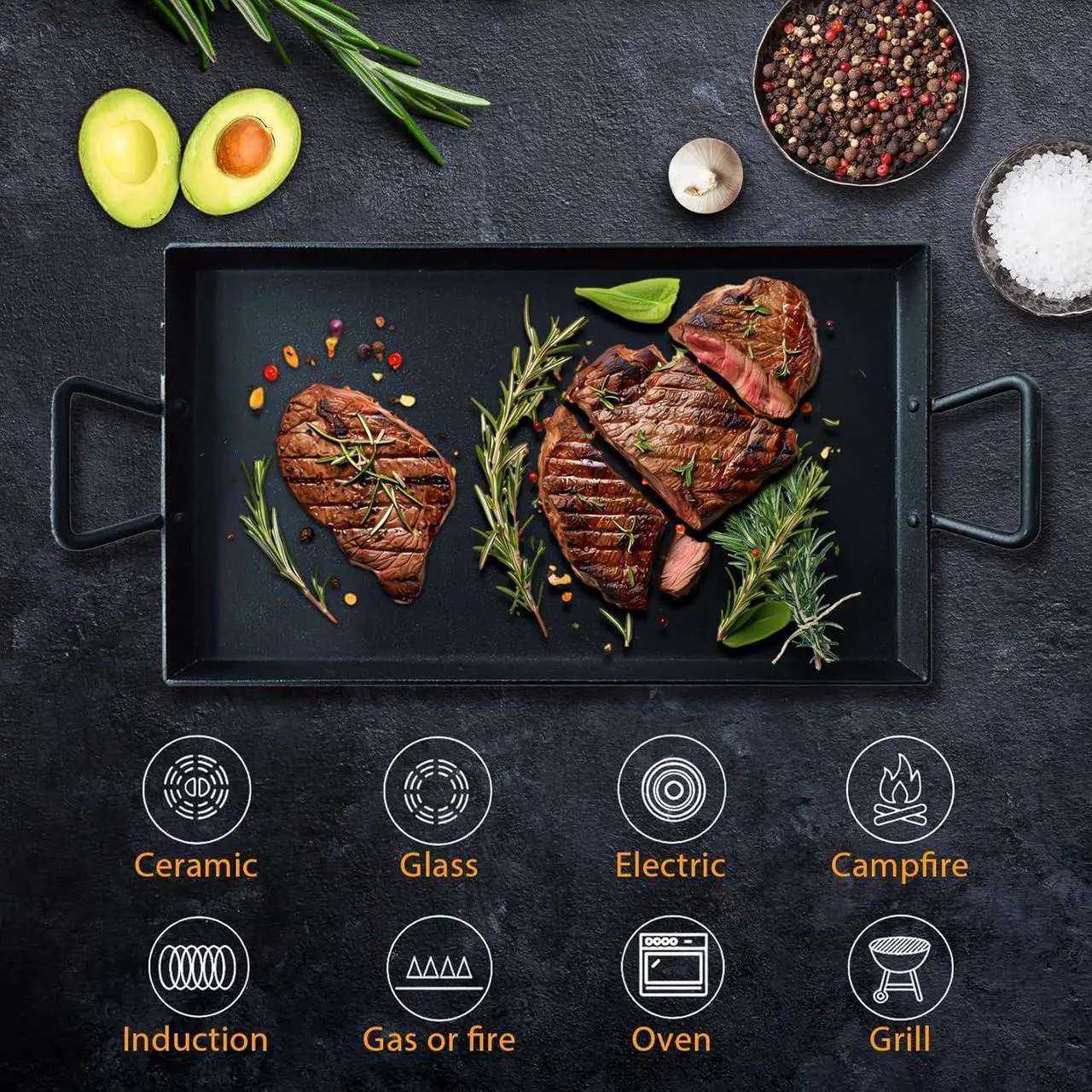 Alt view image 4 of 7 - Cast Iron Griddle Pan Grill for Stove Tops Gas Grills Non-Stick Griddle with 2 Handles Flat Top Plate Pre-Seasoned Grill Pan for Indoor and Outdoor Use Camping 17.68 * 10 Inches