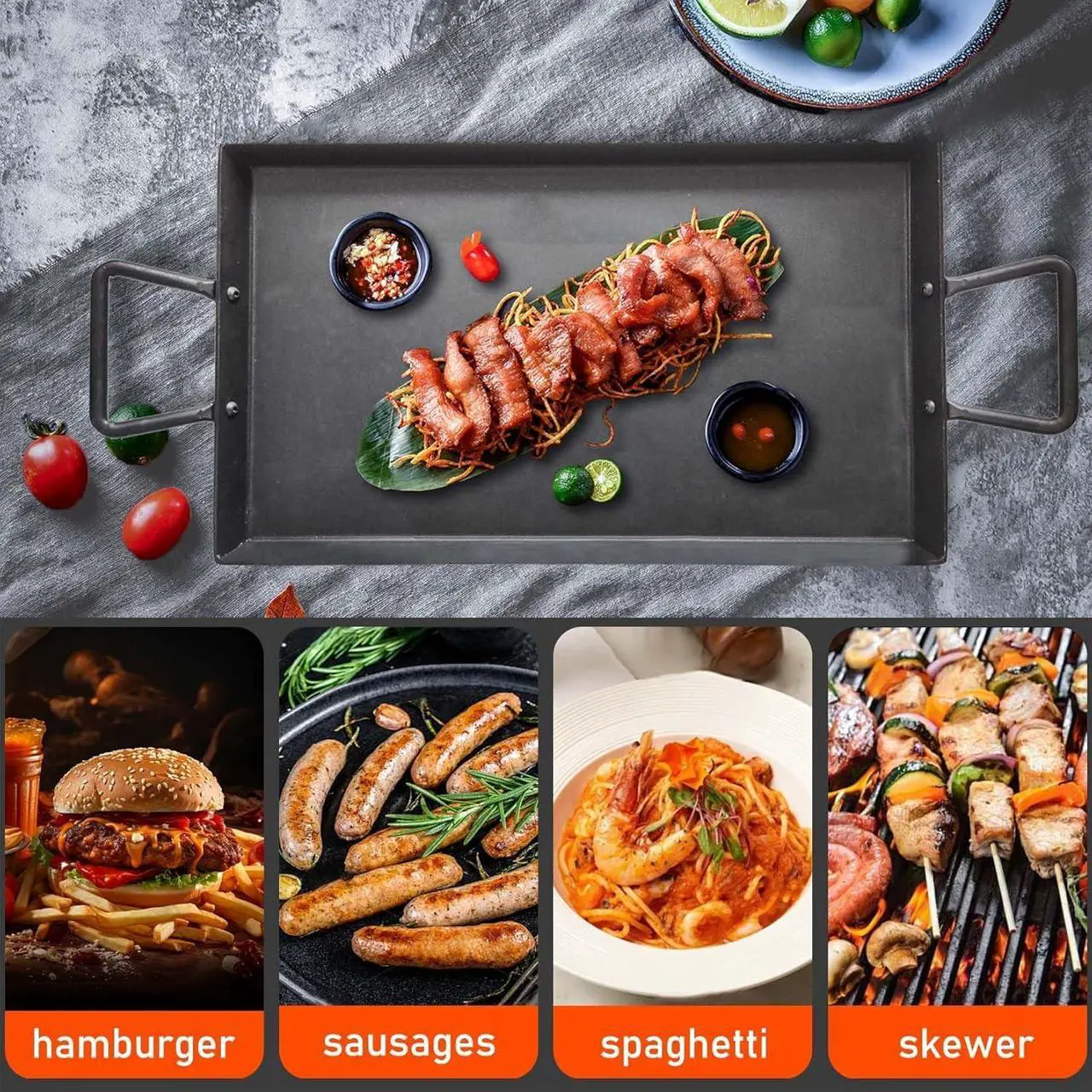 Alt view image 7 of 7 - Cast Iron Griddle Pan Grill for Stove Tops Gas Grills Non-Stick Griddle with 2 Handles Flat Top Plate Pre-Seasoned Grill Pan for Indoor and Outdoor Use Camping 17.68 * 10 Inches