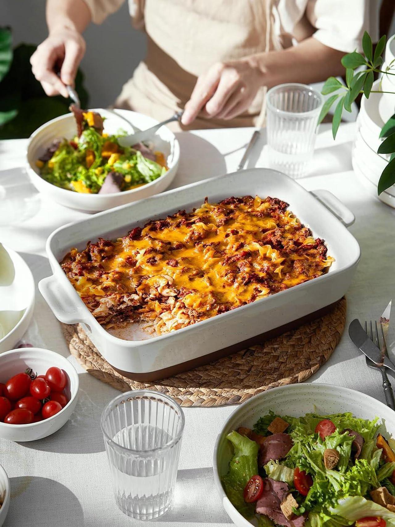 Alt view image 4 of 7 - DOWAN Ceramic Baking Dish, 9x13 Deep Lasagna Pan, Large Casserole Dish with Handles, 4.3 Quarts Durable and Oven Safe Pan, for Roasting and Baking, Alabaster White