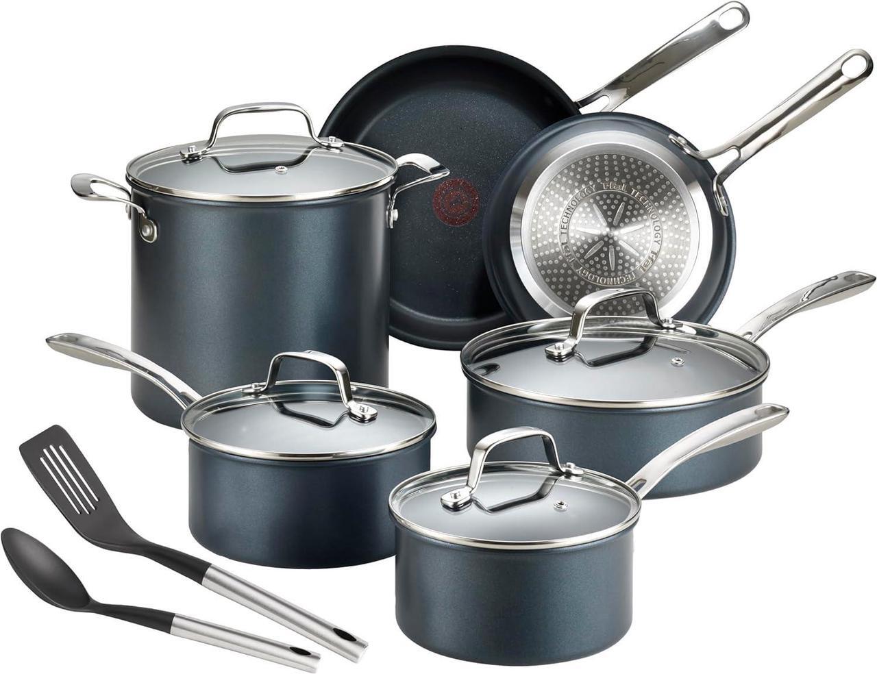 Main image of T-fal Platinum Non Stick Cookware Set 12 Piece, Induction, Oven Broiler Safe 500F, Kitchen Cooking Set W/ Fry Pans, Saucepans, Saute Pan, Dutch Oven, Utensils, Pots and Pans, Dishwasher Safe, Slate