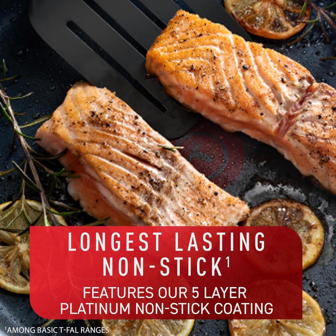 Alt view image 3 of 7 - T-fal Platinum Non Stick Cookware Set 12 Piece, Induction, Oven Broiler Safe 500F, Kitchen Cooking Set W/ Fry Pans, Saucepans, Saute Pan, Dutch Oven, Utensils, Pots and Pans, Dishwasher Safe, Slate