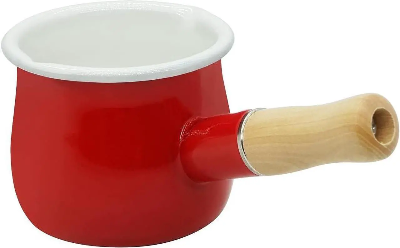 Main image of Enamel Milk Pot, Small Enamel Saucepan Milk Pot Butter Warmer 4 Inch 17 Oz Enamel Small Sauce Pan with Wooden Handle, Perfect Size for Heating Smaller Liquid Portions. (Red
