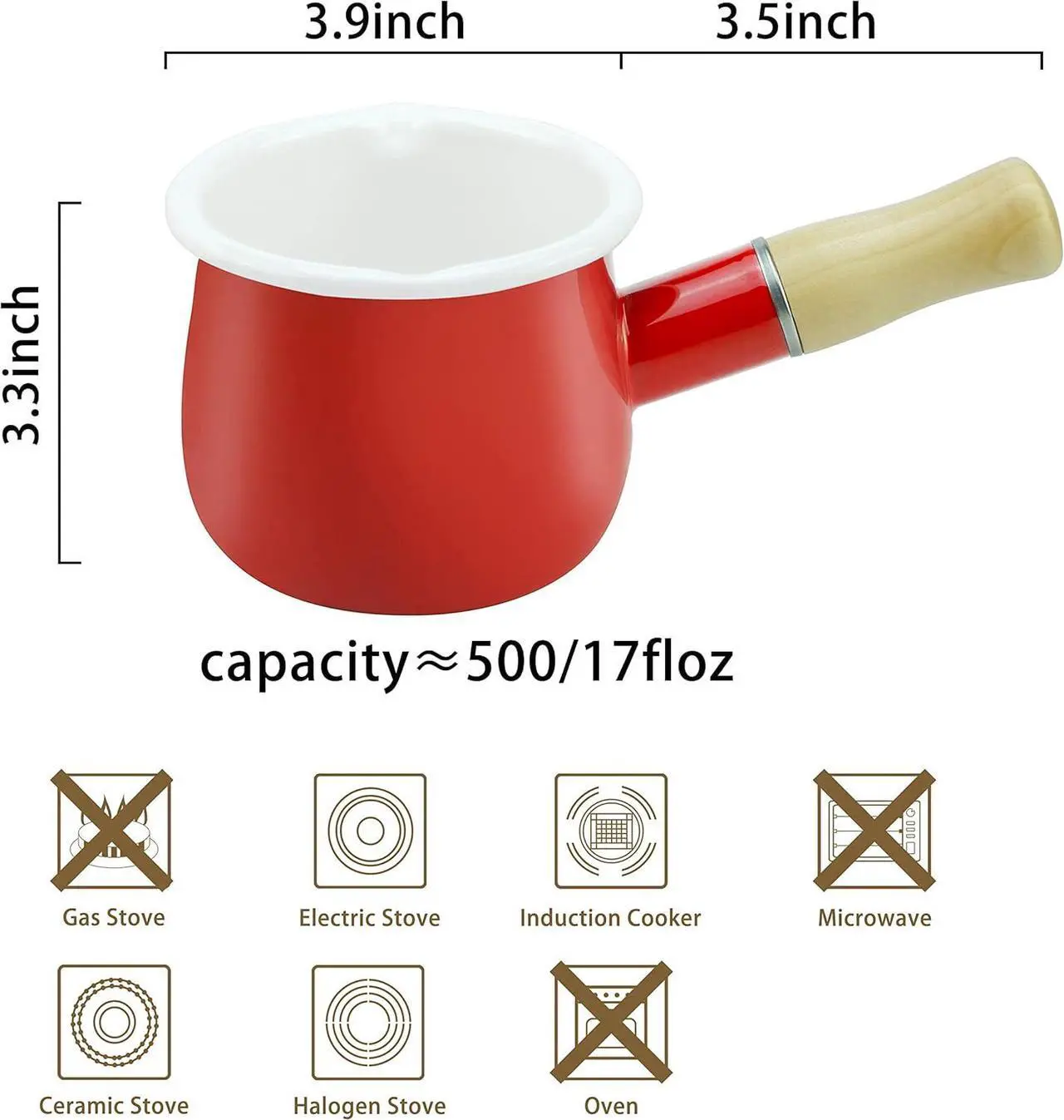 Alt view image 2 of 7 - Enamel Milk Pot, Small Enamel Saucepan Milk Pot Butter Warmer 4 Inch 17 Oz Enamel Small Sauce Pan with Wooden Handle, Perfect Size for Heating Smaller Liquid Portions. (Red