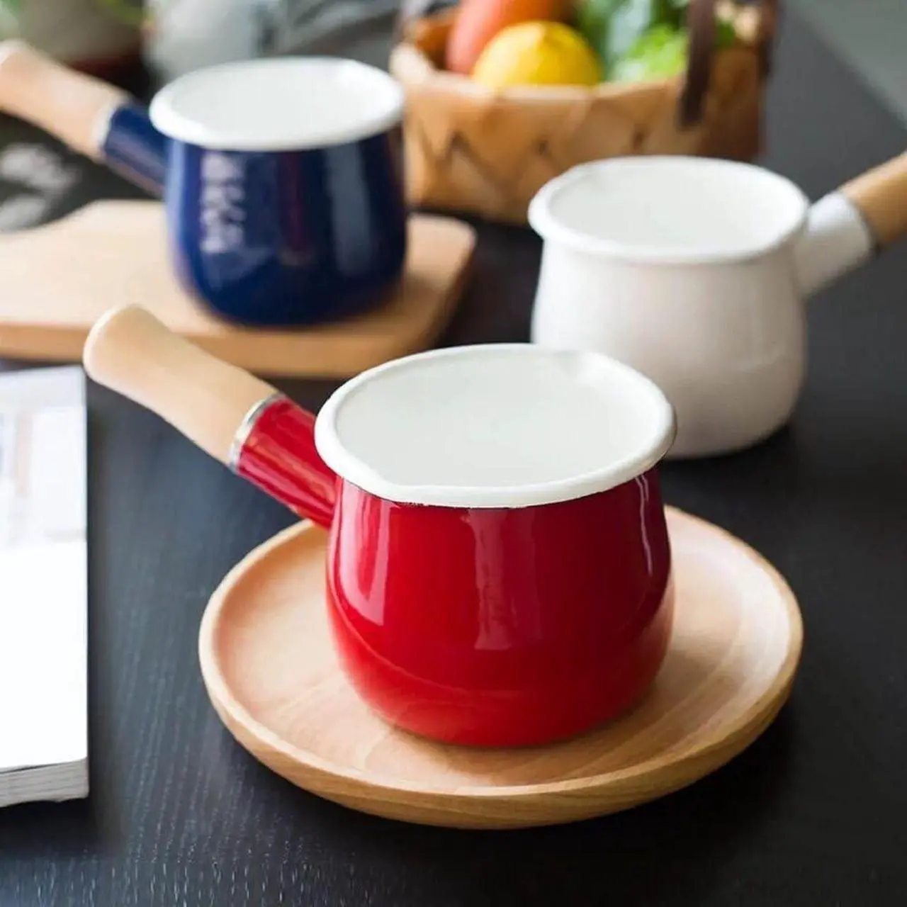 Alt view image 3 of 7 - Enamel Milk Pot, Small Enamel Saucepan Milk Pot Butter Warmer 4 Inch 17 Oz Enamel Small Sauce Pan with Wooden Handle, Perfect Size for Heating Smaller Liquid Portions. (Red