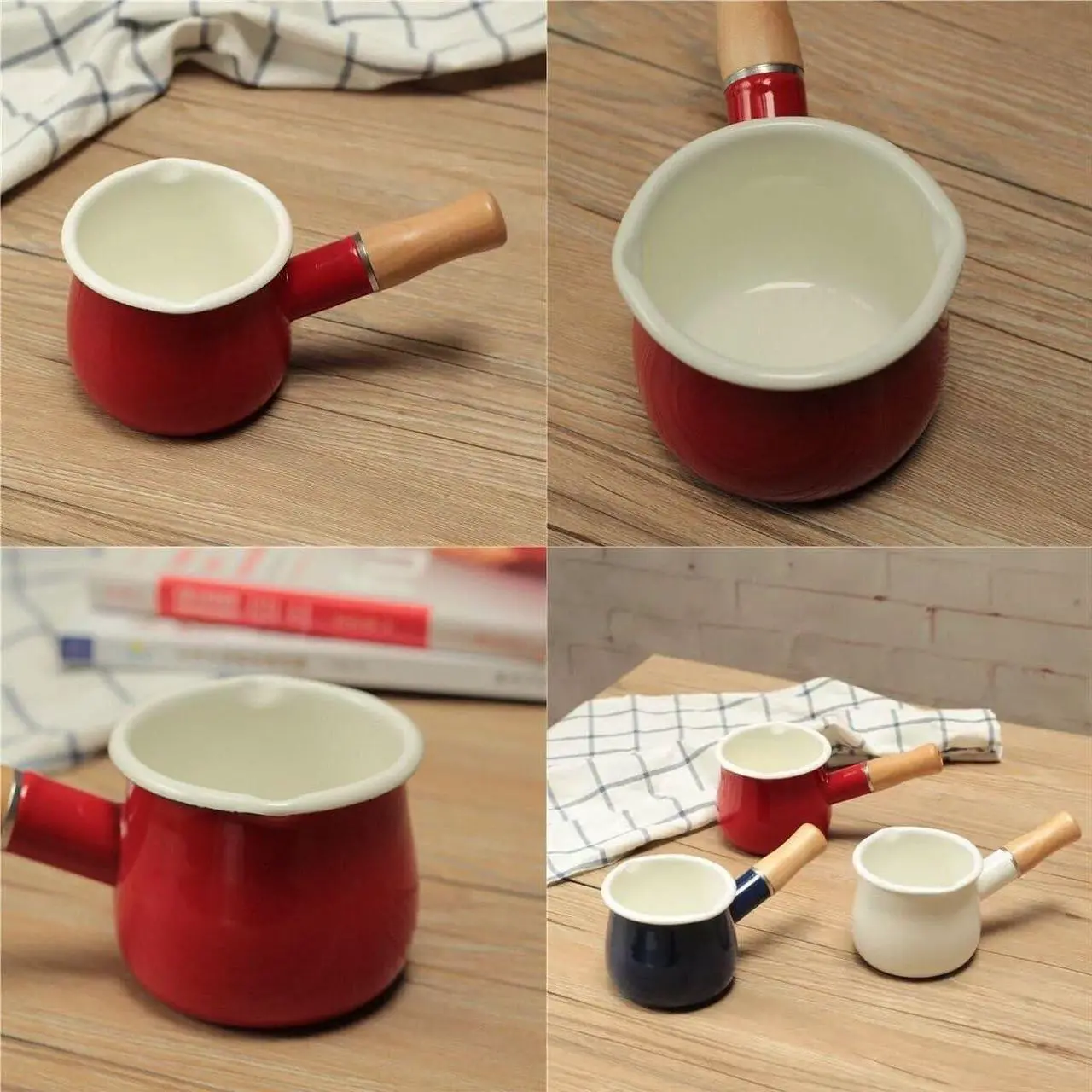 Alt view image 4 of 7 - Enamel Milk Pot, Small Enamel Saucepan Milk Pot Butter Warmer 4 Inch 17 Oz Enamel Small Sauce Pan with Wooden Handle, Perfect Size for Heating Smaller Liquid Portions. (Red