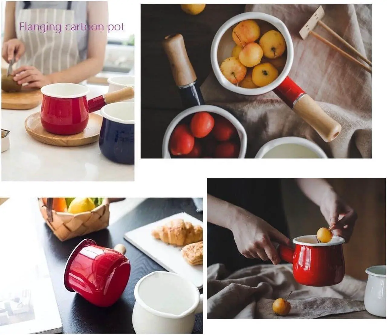 Alt view image 5 of 7 - Enamel Milk Pot, Small Enamel Saucepan Milk Pot Butter Warmer 4 Inch 17 Oz Enamel Small Sauce Pan with Wooden Handle, Perfect Size for Heating Smaller Liquid Portions. (Red