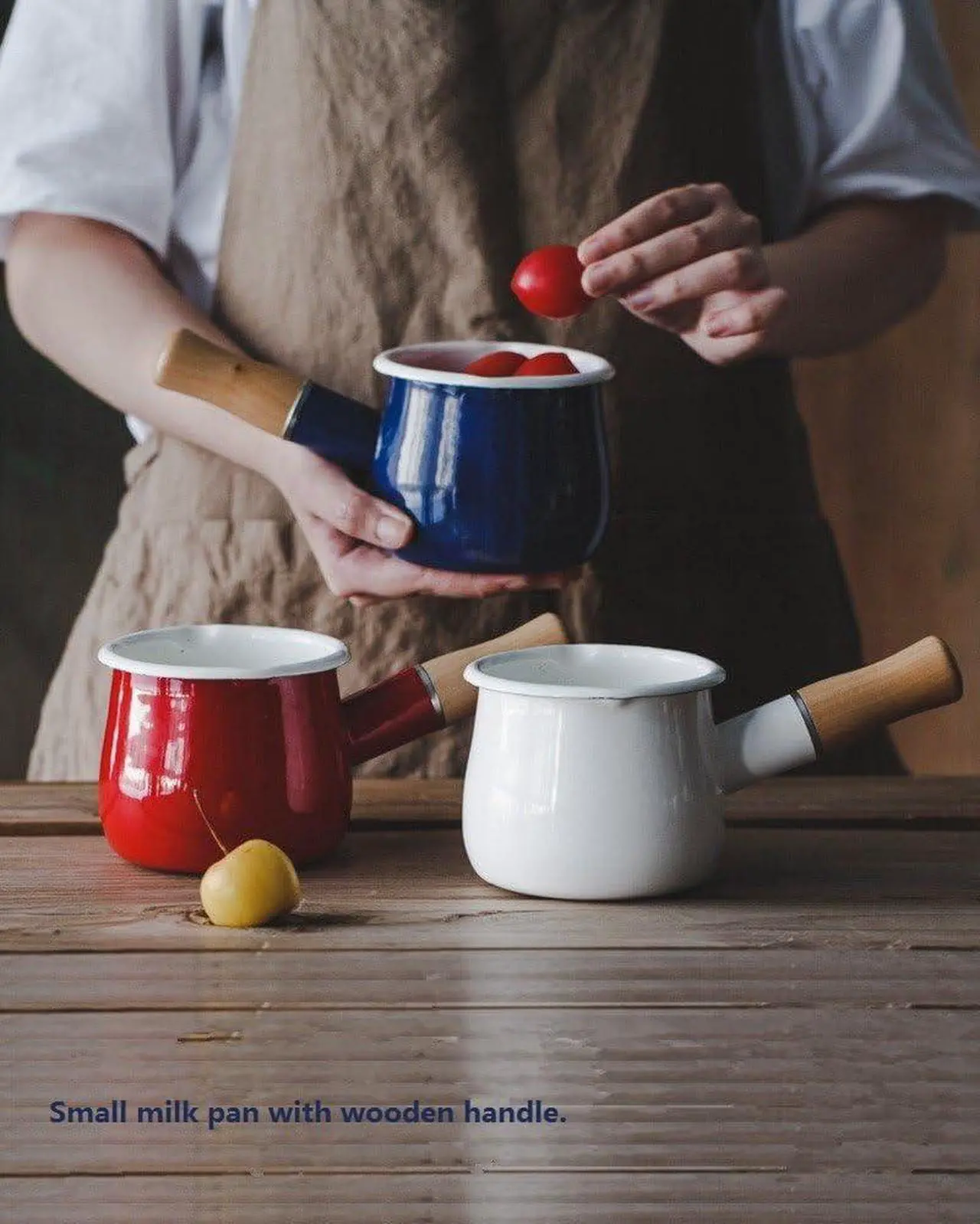 Alt view image 6 of 7 - Enamel Milk Pot, Small Enamel Saucepan Milk Pot Butter Warmer 4 Inch 17 Oz Enamel Small Sauce Pan with Wooden Handle, Perfect Size for Heating Smaller Liquid Portions. (Red