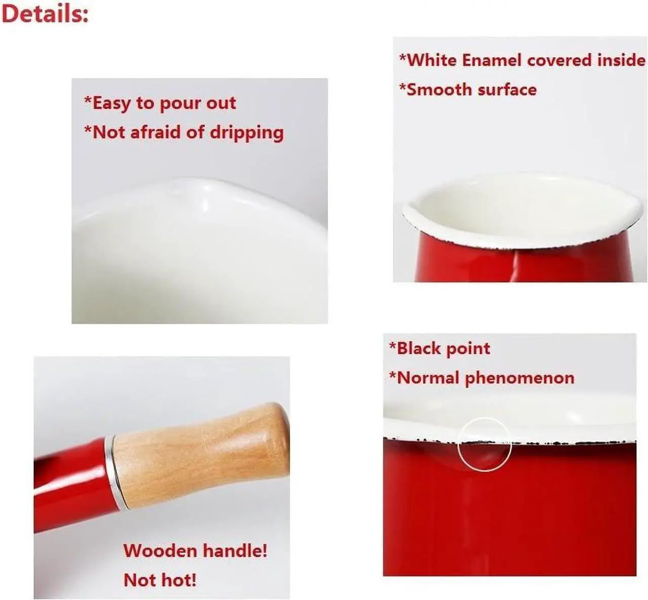Alt view image 7 of 7 - Enamel Milk Pot, Small Enamel Saucepan Milk Pot Butter Warmer 4 Inch 17 Oz Enamel Small Sauce Pan with Wooden Handle, Perfect Size for Heating Smaller Liquid Portions. (Red