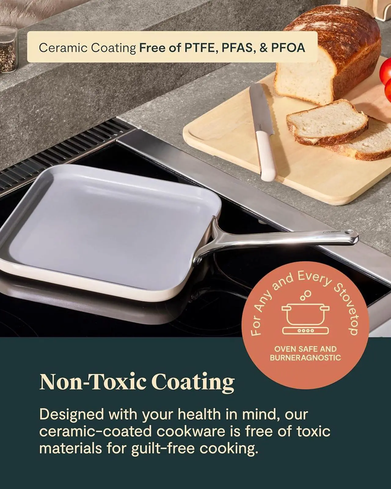 Alt view image 4 of 7 - Caraway Square Griddle Pan - 11 Square Pan - Non-Stick Ceramic Coated - Non Toxic, PTFE & PFOA Free - Oven Safe & Compatible with All Stovetops - Navy