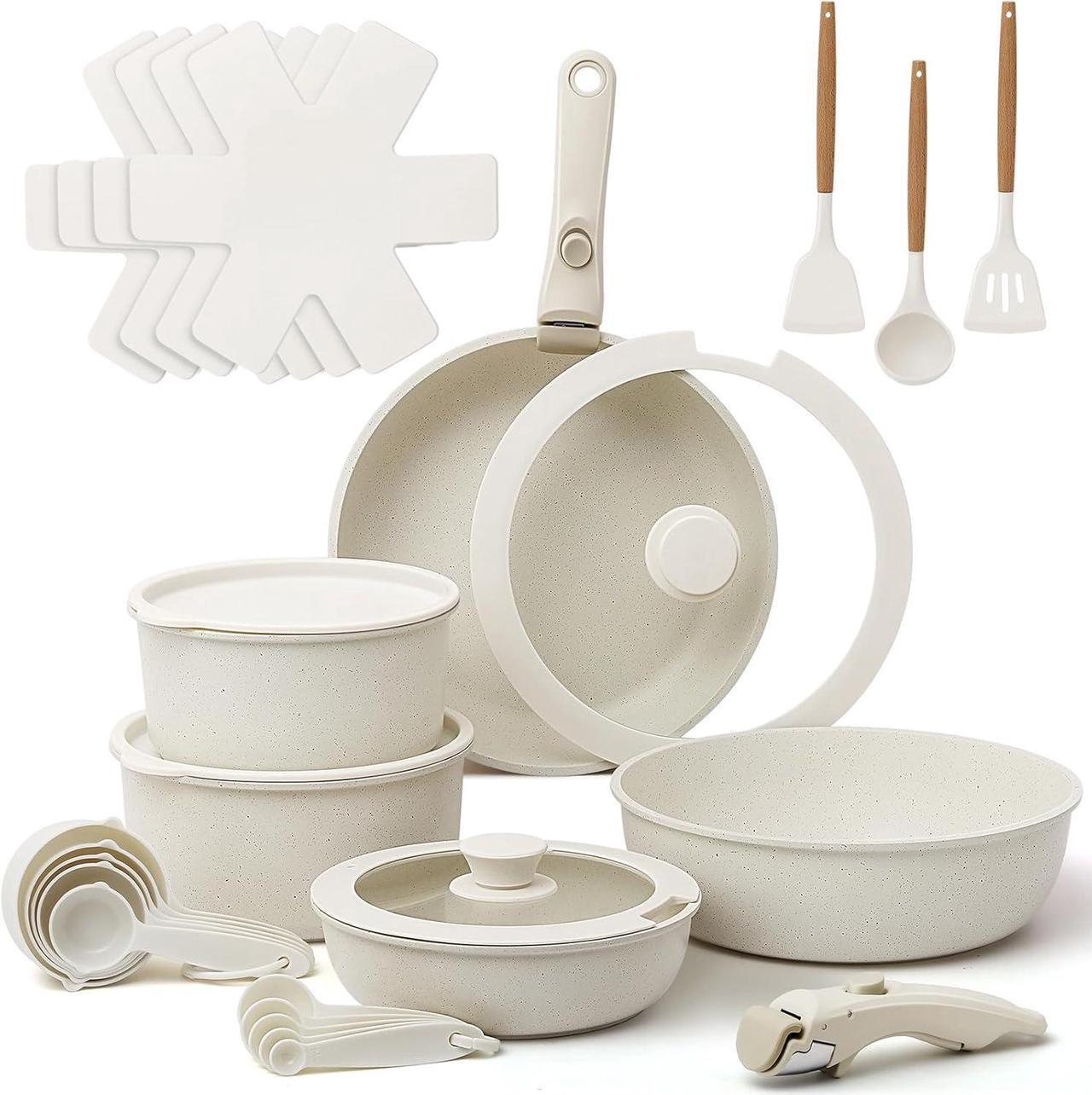 Main image of 28Pcs Pots and Pans Set Non Stick, Cookware Set Detachable Handle, Space Saving Pots Set, Induction RV Kitchen Cooking Set, Oven Safe, Stackable Nonstick Set with Frying Pans, Cream White