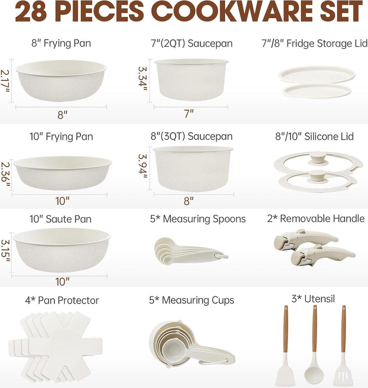 Alt view image 2 of 7 - 28Pcs Pots and Pans Set Non Stick, Cookware Set Detachable Handle, Space Saving Pots Set, Induction RV Kitchen Cooking Set, Oven Safe, Stackable Nonstick Set with Frying Pans, Cream White