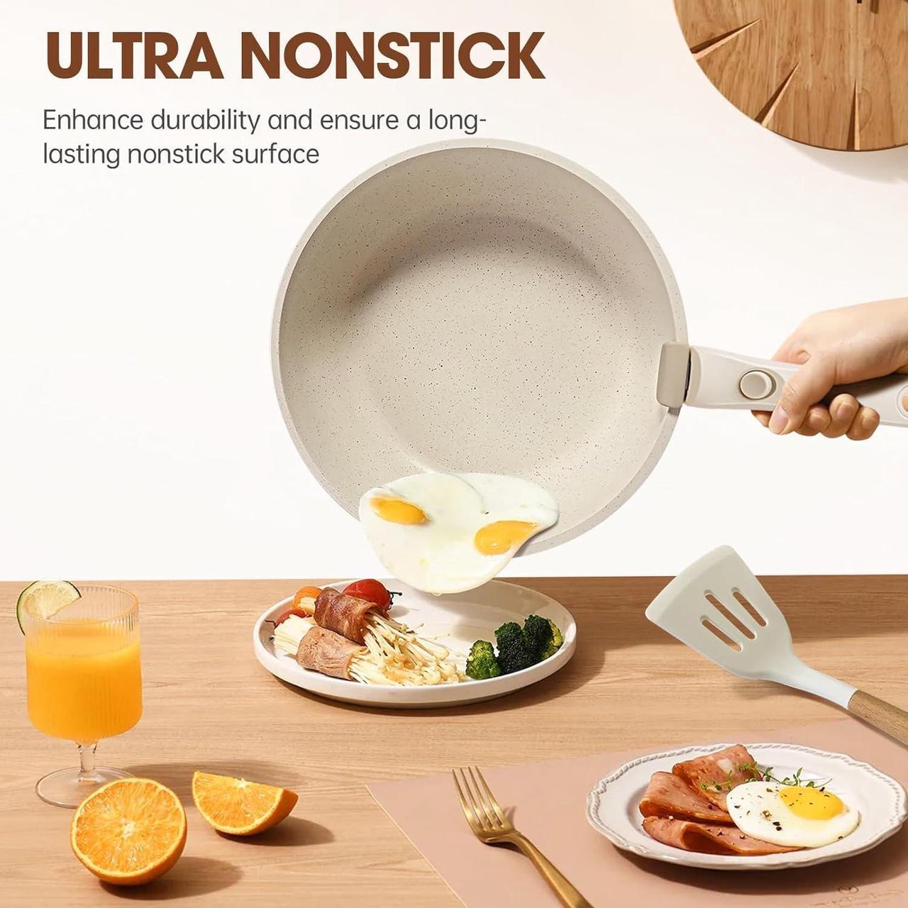 Alt view image 3 of 7 - 28Pcs Pots and Pans Set Non Stick, Cookware Set Detachable Handle, Space Saving Pots Set, Induction RV Kitchen Cooking Set, Oven Safe, Stackable Nonstick Set with Frying Pans, Cream White