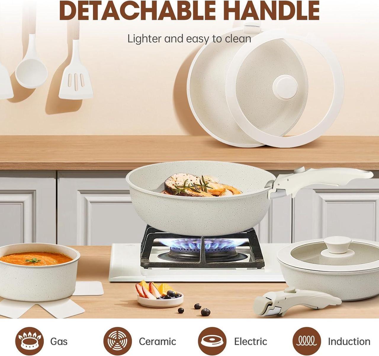 Alt view image 4 of 7 - 28Pcs Pots and Pans Set Non Stick, Cookware Set Detachable Handle, Space Saving Pots Set, Induction RV Kitchen Cooking Set, Oven Safe, Stackable Nonstick Set with Frying Pans, Cream White