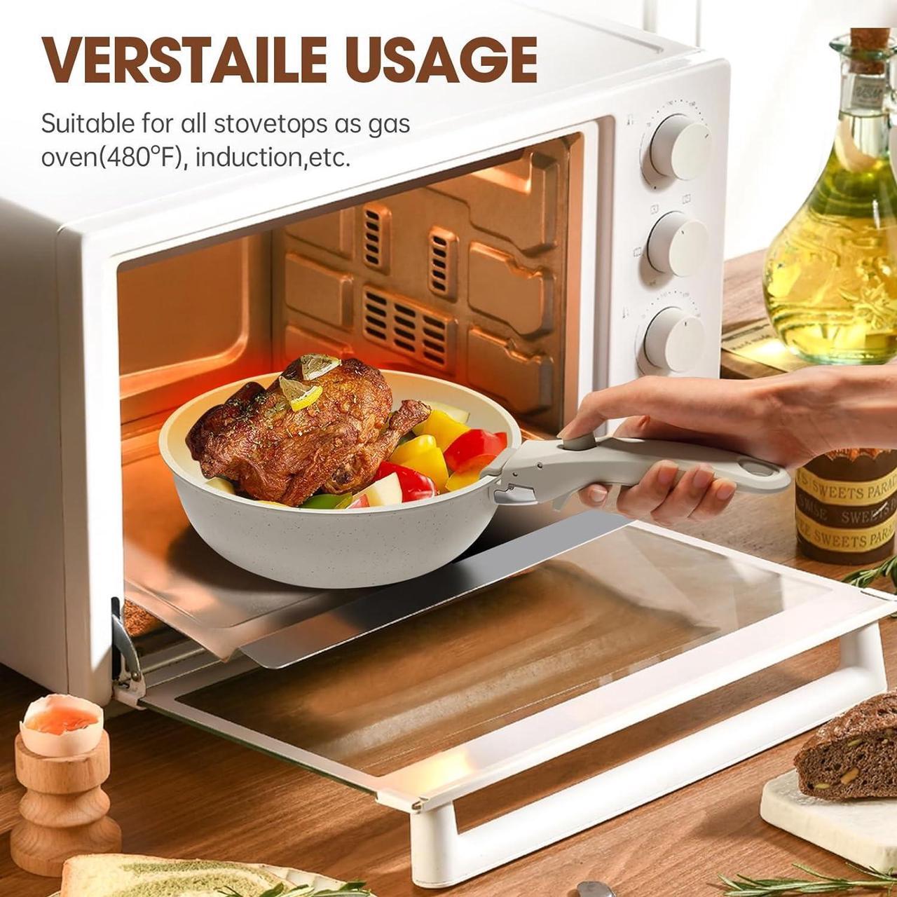 Alt view image 5 of 7 - 28Pcs Pots and Pans Set Non Stick, Cookware Set Detachable Handle, Space Saving Pots Set, Induction RV Kitchen Cooking Set, Oven Safe, Stackable Nonstick Set with Frying Pans, Cream White