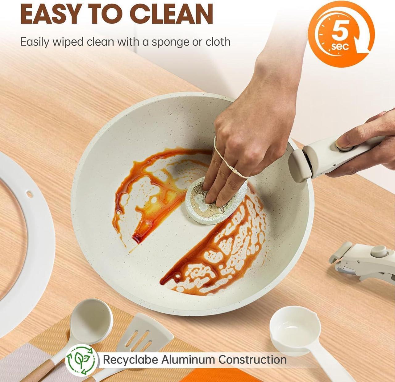 Alt view image 7 of 7 - 28Pcs Pots and Pans Set Non Stick, Cookware Set Detachable Handle, Space Saving Pots Set, Induction RV Kitchen Cooking Set, Oven Safe, Stackable Nonstick Set with Frying Pans, Cream White