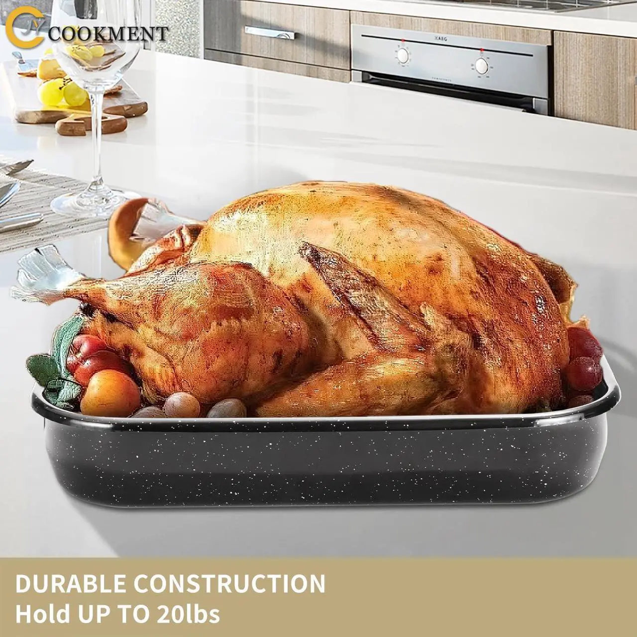 Alt view image 4 of 7 - Roasting Pan with Rack, 16 x 11 Inch Rectangular Roasting Pan, 20lb Turkey Roaster Pot, Large Oven Roaster Tray for Baking Turkey by JY COOKMENT