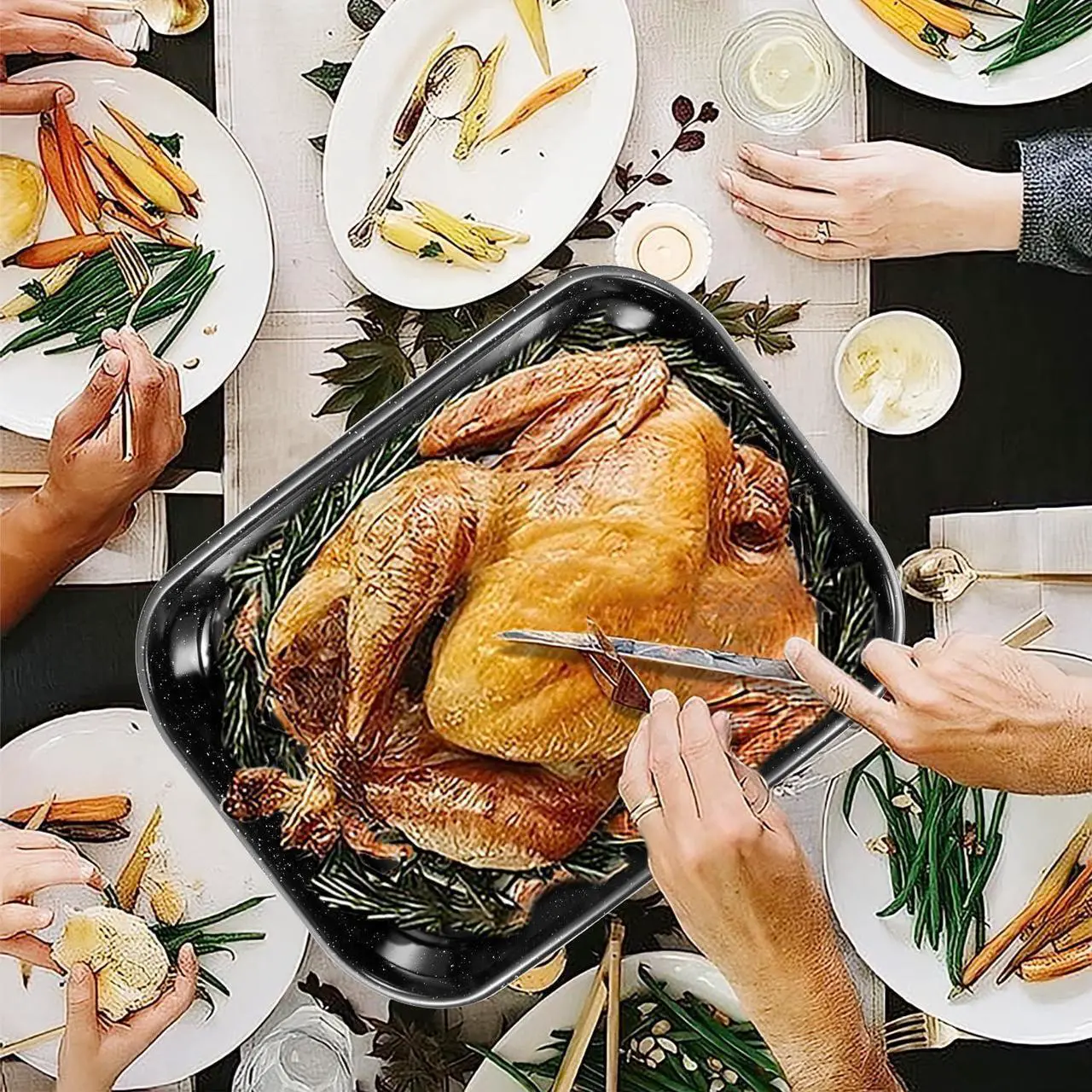 Alt view image 7 of 7 - Roasting Pan with Rack, 16 x 11 Inch Rectangular Roasting Pan, 20lb Turkey Roaster Pot, Large Oven Roaster Tray for Baking Turkey by JY COOKMENT