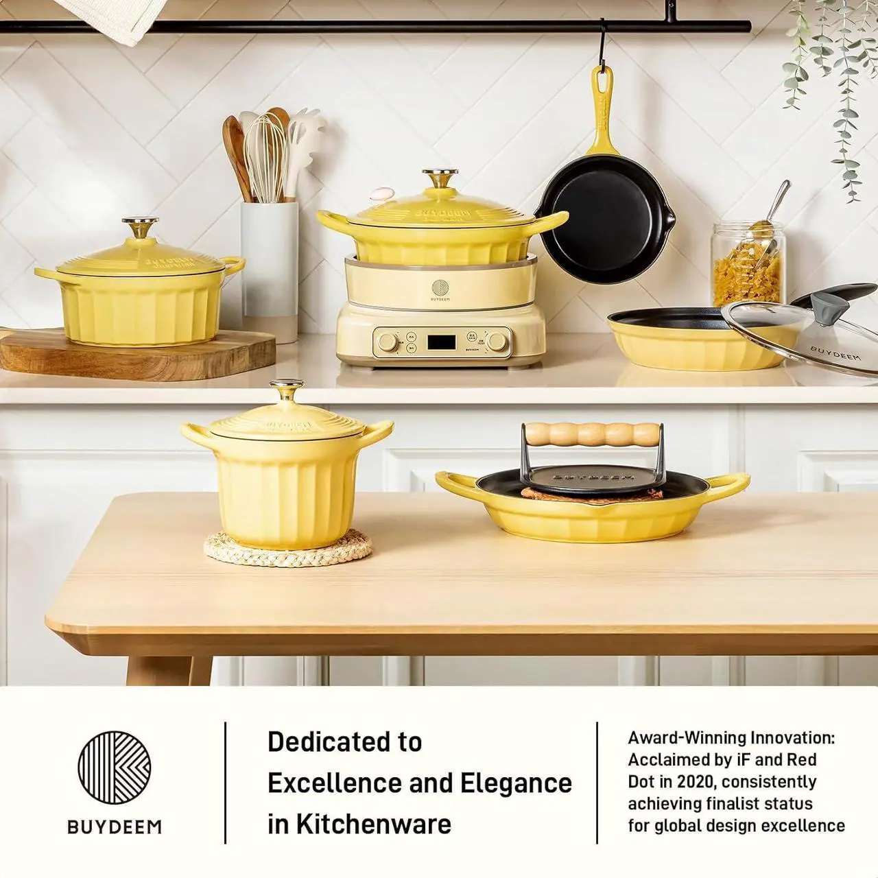 Alt view image 2 of 7 - BUYDEEM Cast Aluminum Non Stick Frying Pan 10.2 Inch, Rapid Even Heating Skillet with Glass Lid, All Stovetops Compatible, No PFOA/PFAS Egg Pan with Cool Handle, Cheflite Series CP151 Mellow Yellow