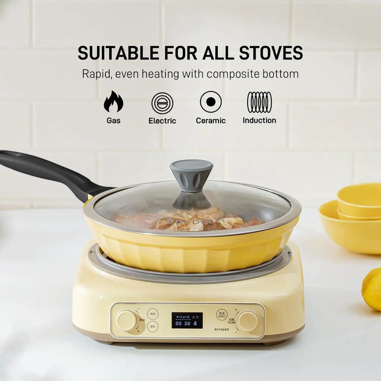 Alt view image 3 of 7 - BUYDEEM Cast Aluminum Non Stick Frying Pan 10.2 Inch, Rapid Even Heating Skillet with Glass Lid, All Stovetops Compatible, No PFOA/PFAS Egg Pan with Cool Handle, Cheflite Series CP151 Mellow Yellow