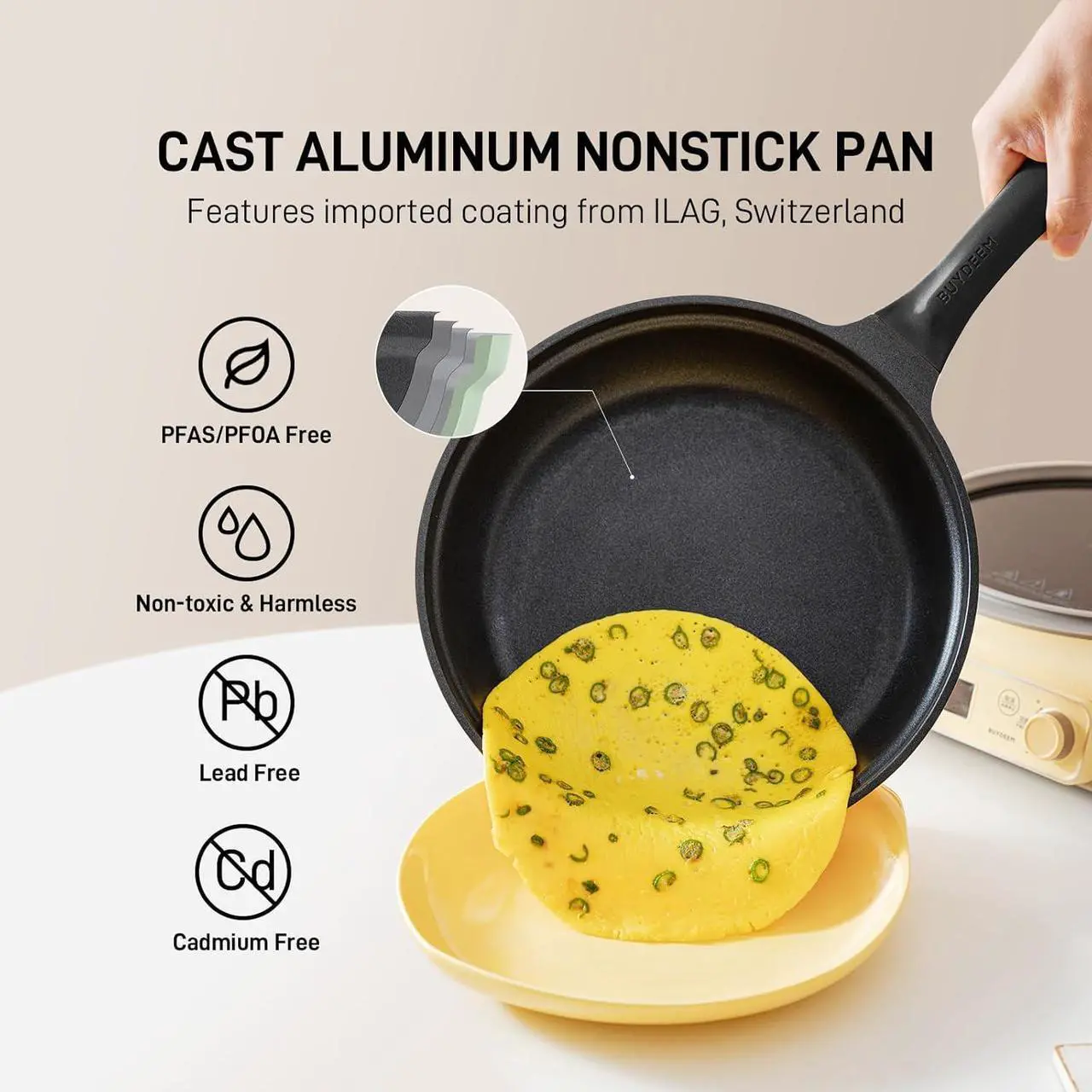 Alt view image 4 of 7 - BUYDEEM Cast Aluminum Non Stick Frying Pan 10.2 Inch, Rapid Even Heating Skillet with Glass Lid, All Stovetops Compatible, No PFOA/PFAS Egg Pan with Cool Handle, Cheflite Series CP151 Mellow Yellow