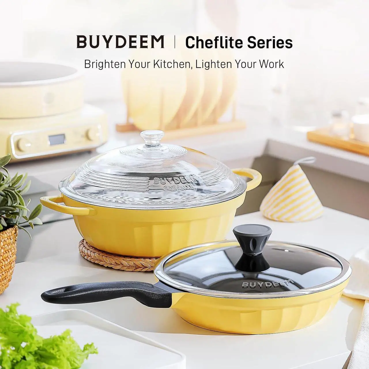 Alt view image 7 of 7 - BUYDEEM Cast Aluminum Non Stick Frying Pan 10.2 Inch, Rapid Even Heating Skillet with Glass Lid, All Stovetops Compatible, No PFOA/PFAS Egg Pan with Cool Handle, Cheflite Series CP151 Mellow Yellow
