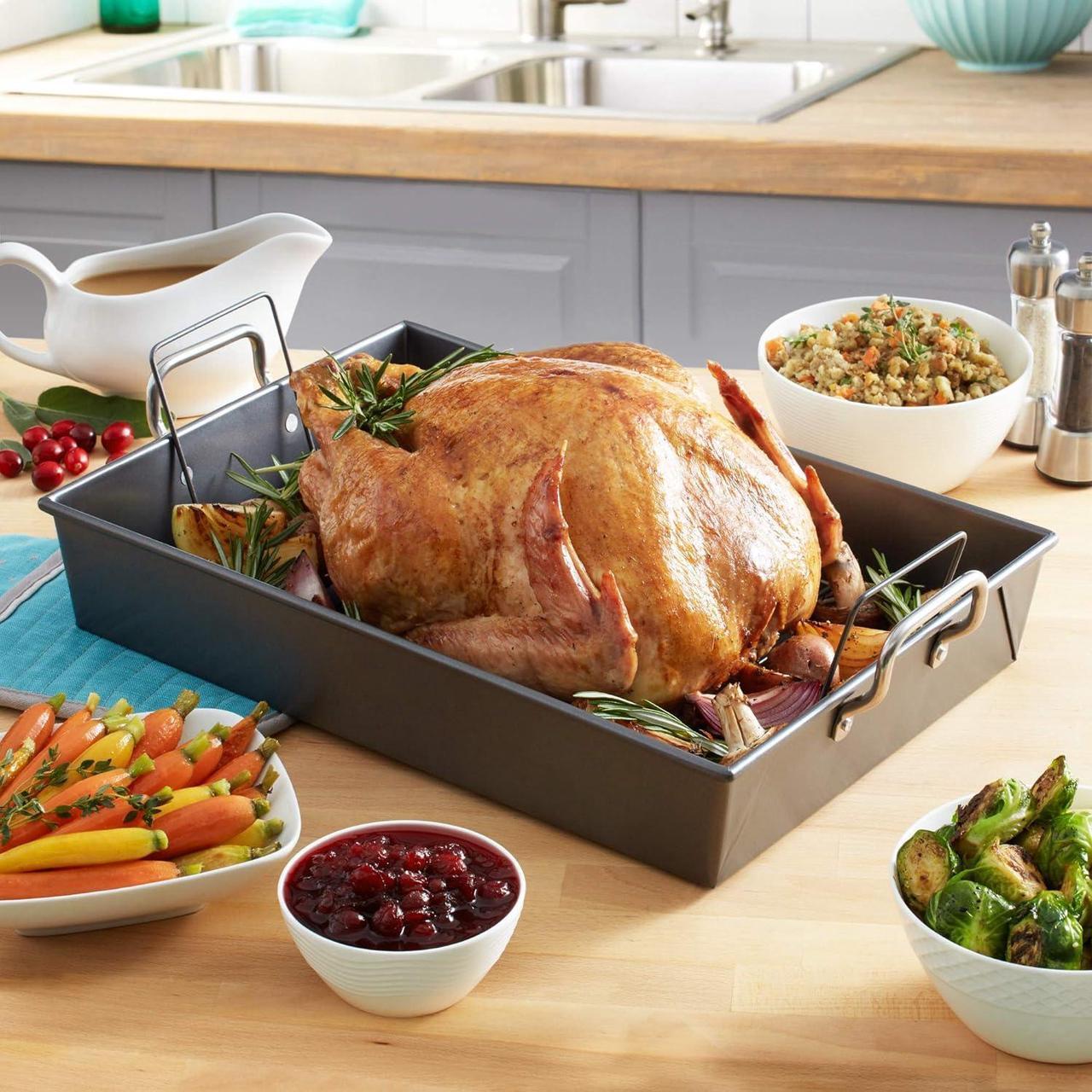 Alt view image 2 of 5 - Chicago Metallic Professional Non-Stick Roaster with Handles and Non-Stick Rack, 17-Inch-by-12-Inch
