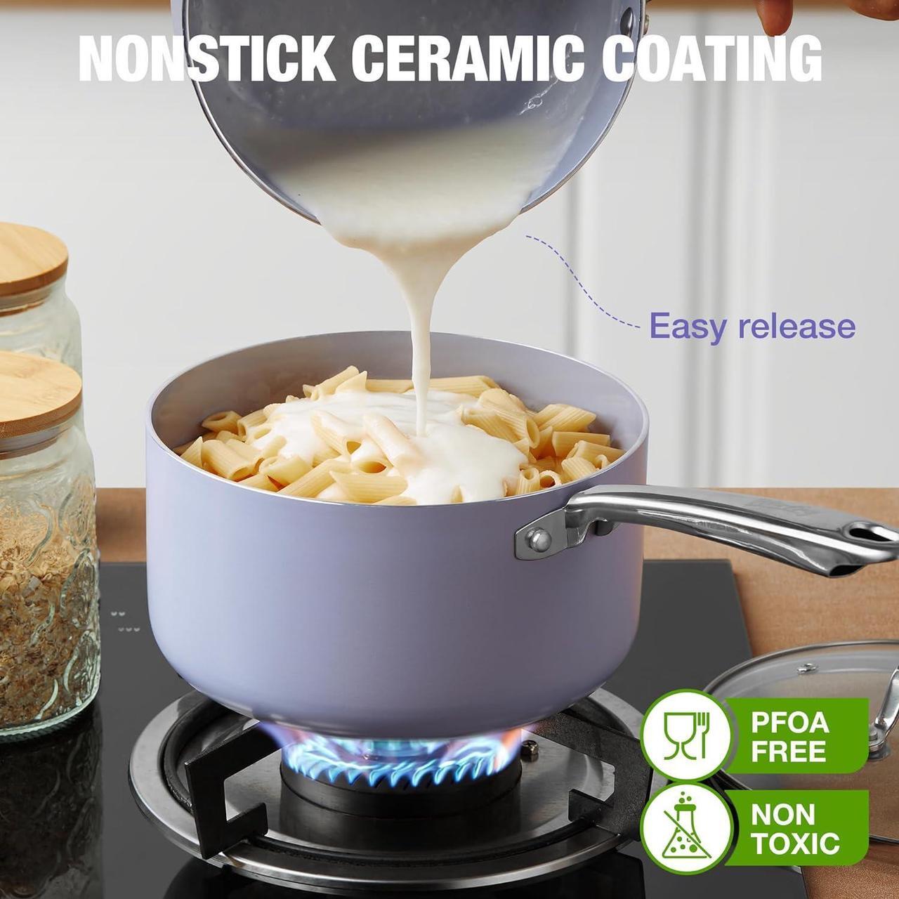 Alt view image 3 of 7 - 3QT Nonstick Saucepan with Lid, Toxin-Free Ceramic Coating, Small Pot with Stainless Steel Handle, Easy to Clean, Suitable for All Stoves&Oven Safe, Gradient Purple Pan