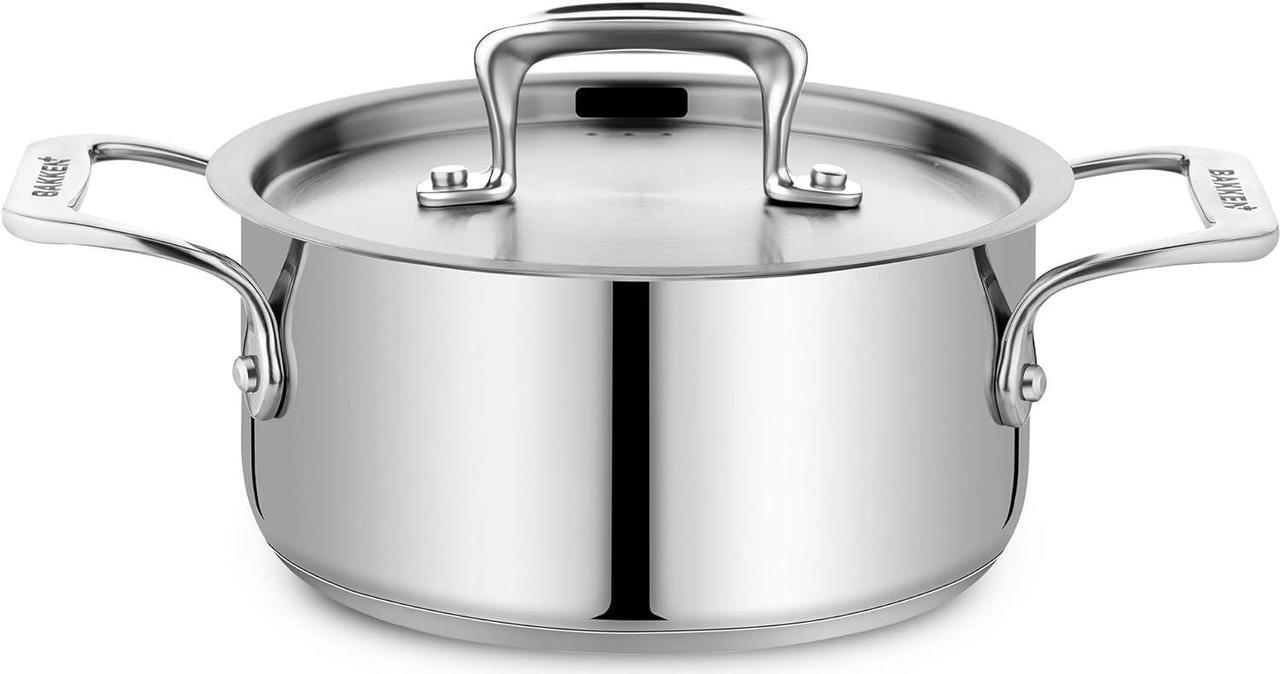 Main image of Stockpot  2 Quart  Brushed Stainless Steel  Heavy Duty Induction Pot with Lid and Riveted Handles  For Soup, Seafood, Stock, Canning and for Catering for Large Groups and Events by BAKKEN