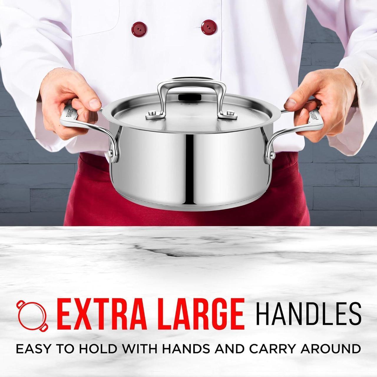 Alt view image 4 of 7 - Stockpot  2 Quart  Brushed Stainless Steel  Heavy Duty Induction Pot with Lid and Riveted Handles  For Soup, Seafood, Stock, Canning and for Catering for Large Groups and Events by BAKKEN