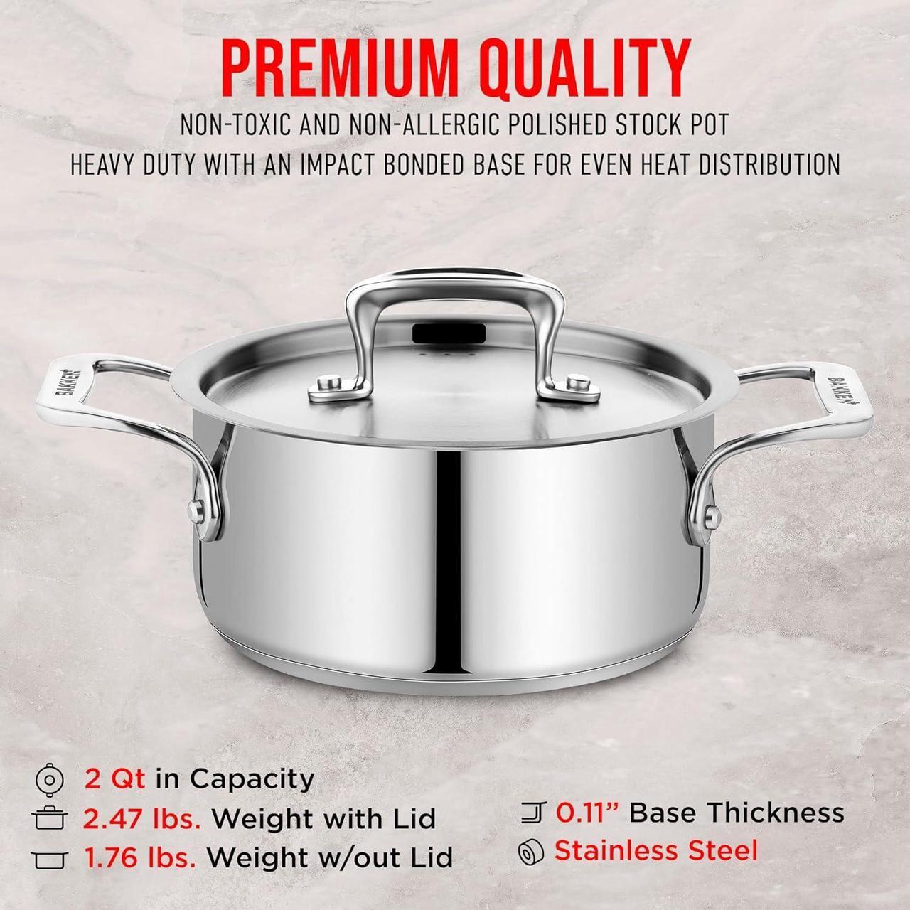 Alt view image 6 of 7 - Stockpot  2 Quart  Brushed Stainless Steel  Heavy Duty Induction Pot with Lid and Riveted Handles  For Soup, Seafood, Stock, Canning and for Catering for Large Groups and Events by BAKKEN