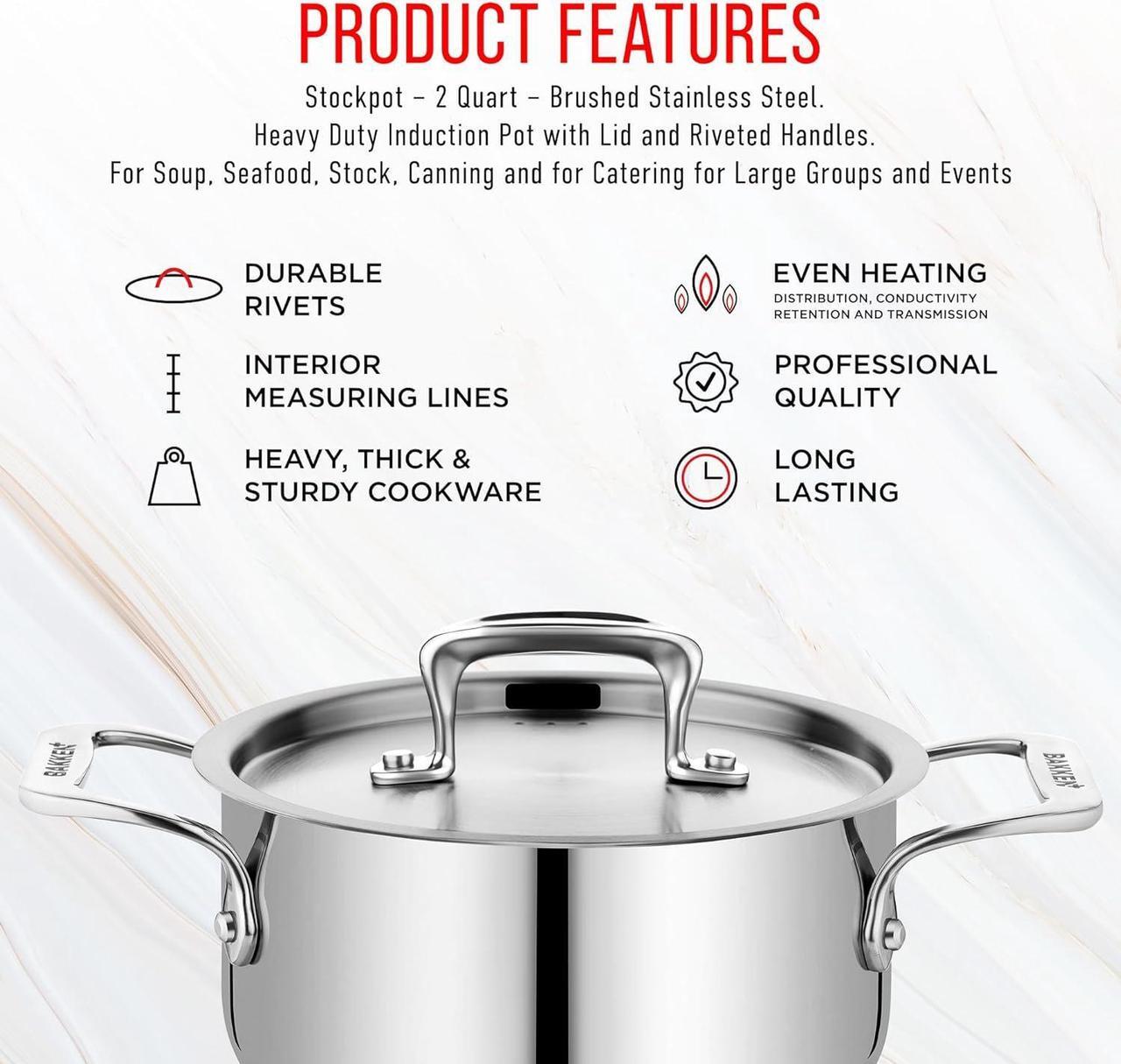 Alt view image 7 of 7 - Stockpot  2 Quart  Brushed Stainless Steel  Heavy Duty Induction Pot with Lid and Riveted Handles  For Soup, Seafood, Stock, Canning and for Catering for Large Groups and Events by BAKKEN
