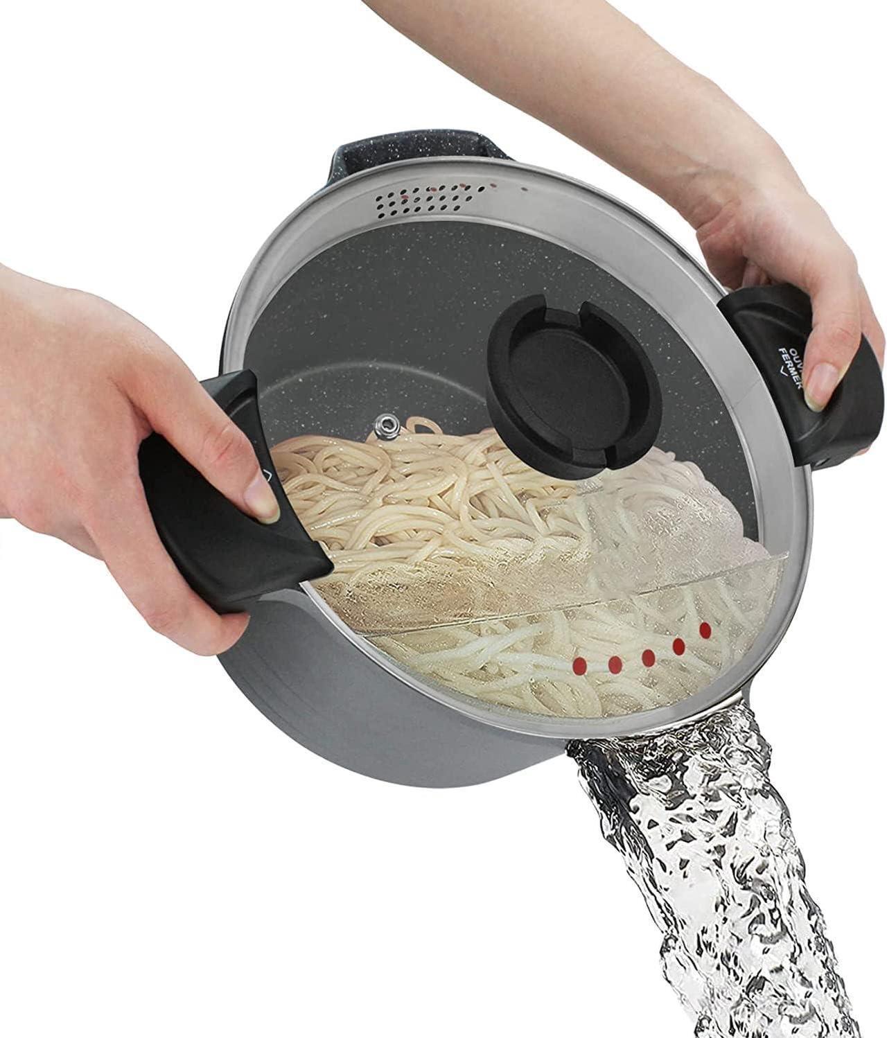 Main image of 5 Quart Pasta Pot with Strainer Lid, Multipurpose Stock Pot Spaghetti Pot, PFOA free, Three-layer Non-stick coating, Dishwasher Safe, Tempered Glass Lockable Lid, Cast Aluminium, Grey