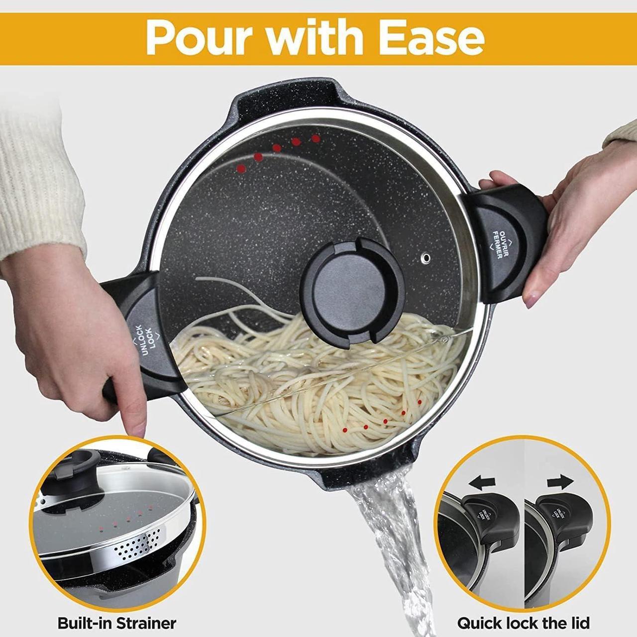 Alt view image 2 of 7 - 5 Quart Pasta Pot with Strainer Lid, Multipurpose Stock Pot Spaghetti Pot, PFOA free, Three-layer Non-stick coating, Dishwasher Safe, Tempered Glass Lockable Lid, Cast Aluminium, Grey