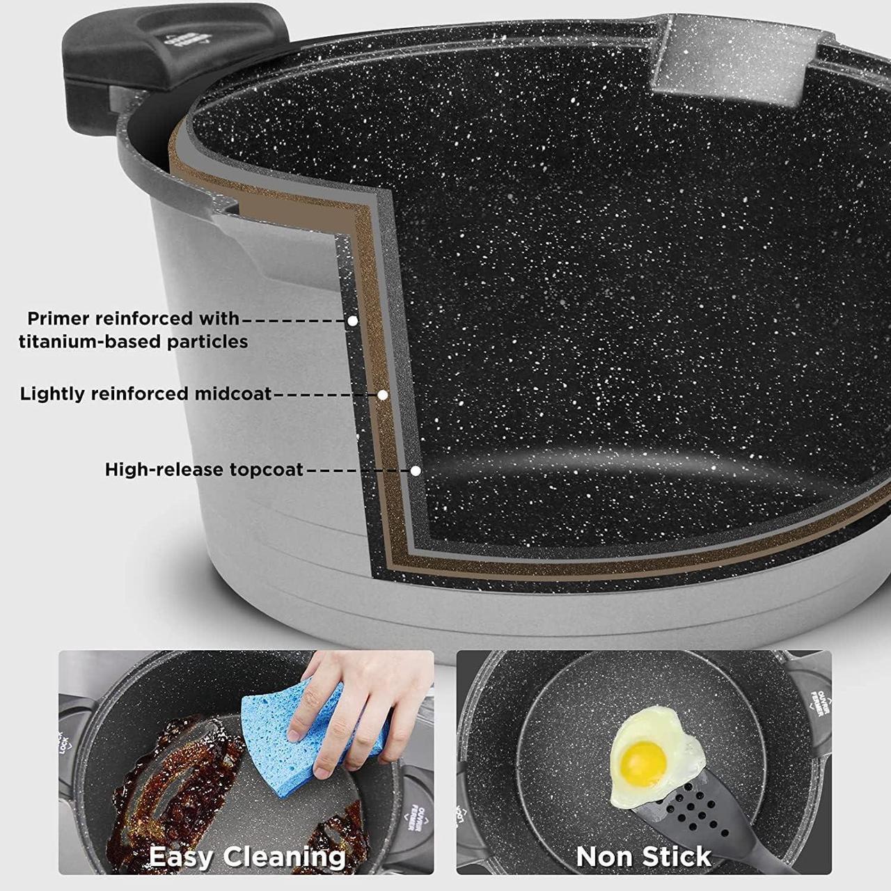 Alt view image 3 of 7 - 5 Quart Pasta Pot with Strainer Lid, Multipurpose Stock Pot Spaghetti Pot, PFOA free, Three-layer Non-stick coating, Dishwasher Safe, Tempered Glass Lockable Lid, Cast Aluminium, Grey
