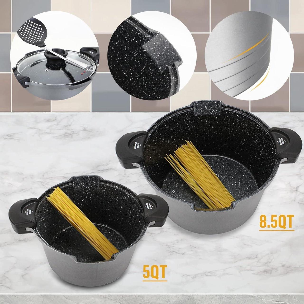 Alt view image 5 of 7 - 5 Quart Pasta Pot with Strainer Lid, Multipurpose Stock Pot Spaghetti Pot, PFOA free, Three-layer Non-stick coating, Dishwasher Safe, Tempered Glass Lockable Lid, Cast Aluminium, Grey