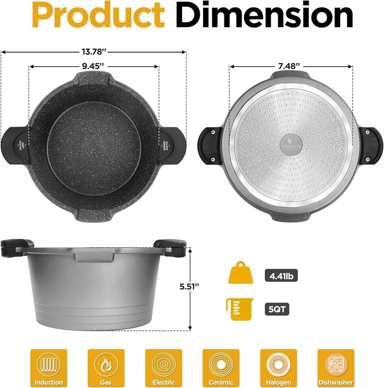 Alt view image 6 of 7 - 5 Quart Pasta Pot with Strainer Lid, Multipurpose Stock Pot Spaghetti Pot, PFOA free, Three-layer Non-stick coating, Dishwasher Safe, Tempered Glass Lockable Lid, Cast Aluminium, Grey