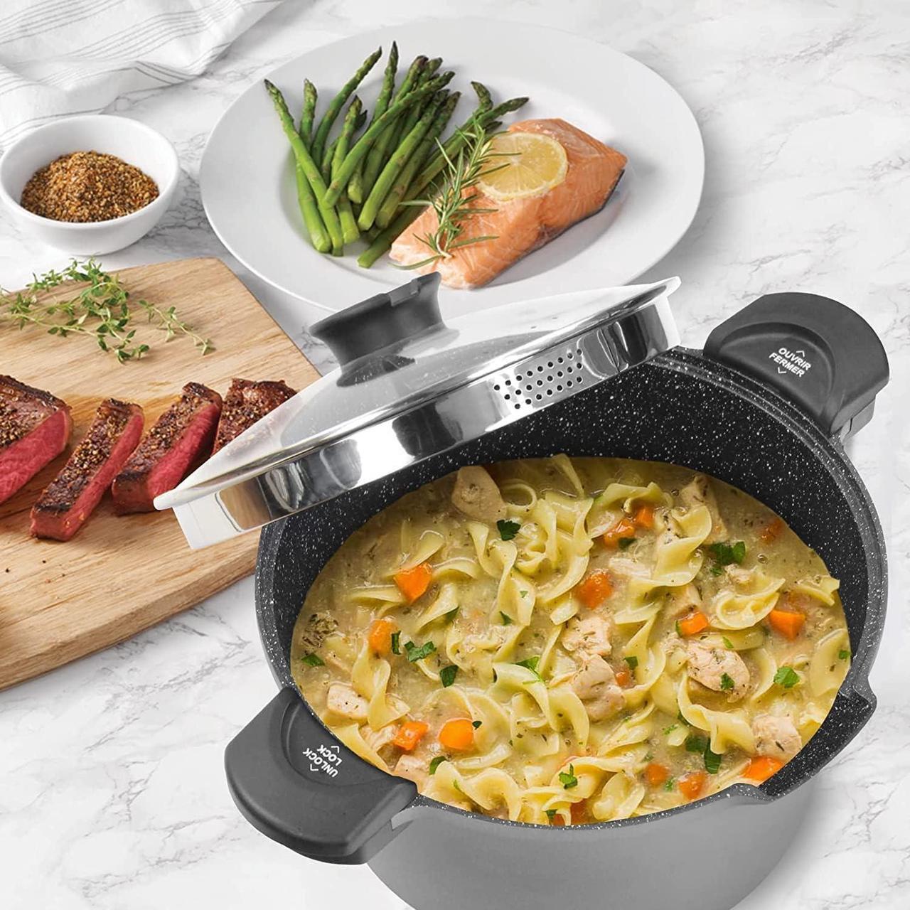 Alt view image 7 of 7 - 5 Quart Pasta Pot with Strainer Lid, Multipurpose Stock Pot Spaghetti Pot, PFOA free, Three-layer Non-stick coating, Dishwasher Safe, Tempered Glass Lockable Lid, Cast Aluminium, Grey