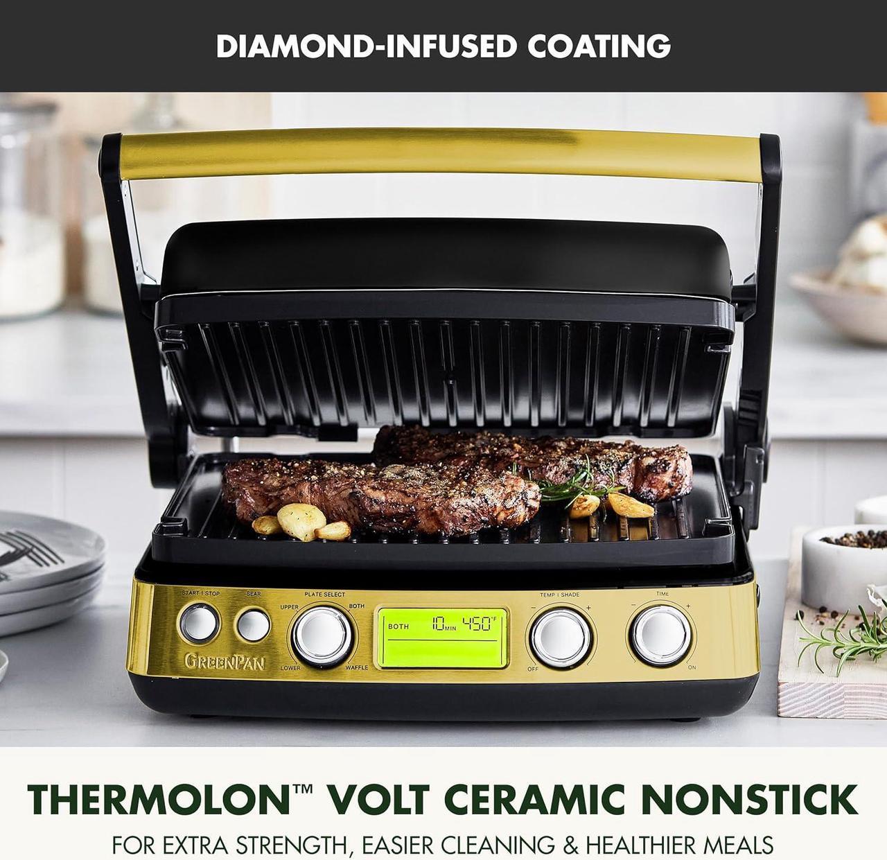 Alt view image 2 of 7 - GreenPan Elite 7-in-1 Multi-Function Contact Grill & Griddle, Healthy Ceramic Nonstick Aluminum, Grill & Waffle Plates, Adjustable Shade & Shear, Closed Press/Open Flat Surface, PFAS-Free, Gold